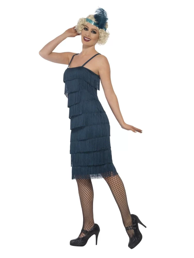 Teal Green Fringed Flapper Long Ladies Fancy Dress Costume - Image 2