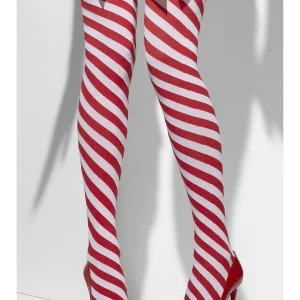 Red/White Candy Cane Striped Thigh High Stockings with Bows - Image 2