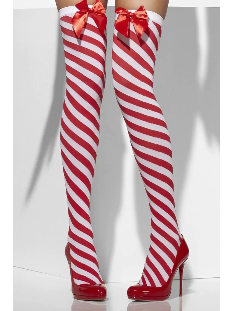 Red/White Candy Cane Striped Thigh High Stockings with Bows - Image 2
