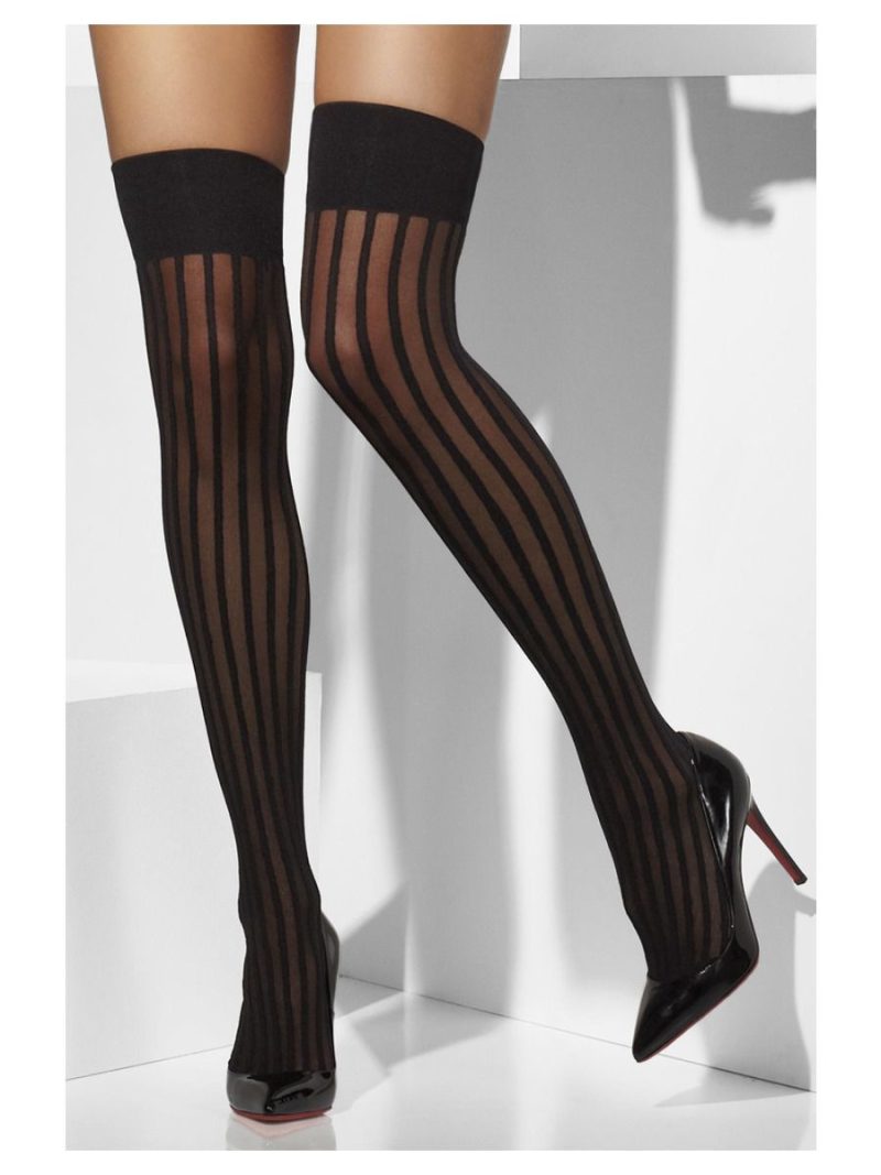 Burlesque Black Vertical Stripe Sheer Hold Up Stockings - Image 2