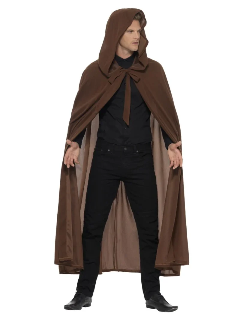 Gravekeeper Cult Brown Hooded Cloak Halloween Fancy Dress Costume - Image 2