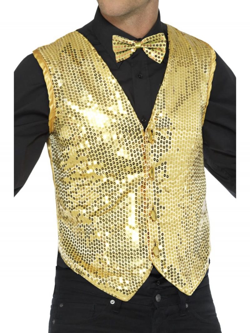Sequin Waistcoat Gold Men's Fancy Dress Costume