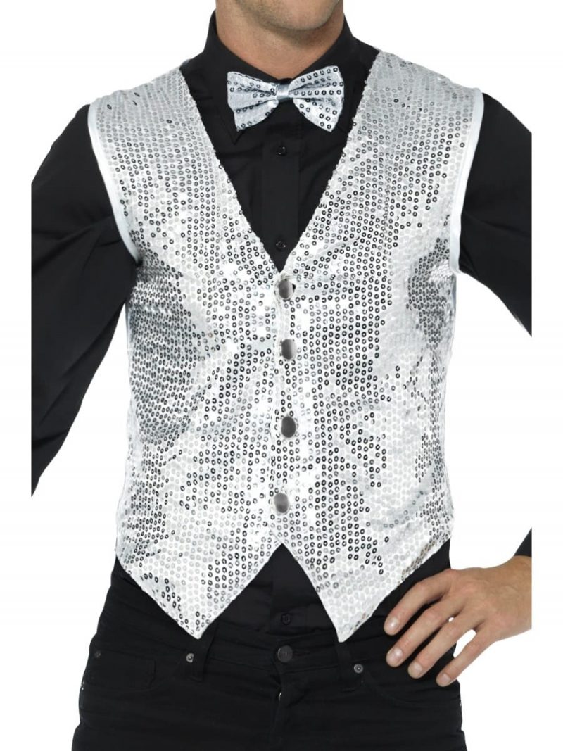 Sequin Waistcoat Silver Men's Fancy Dress Costume