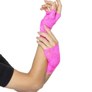 80's Fingerless Lace Gloves, Neon Pink, Short