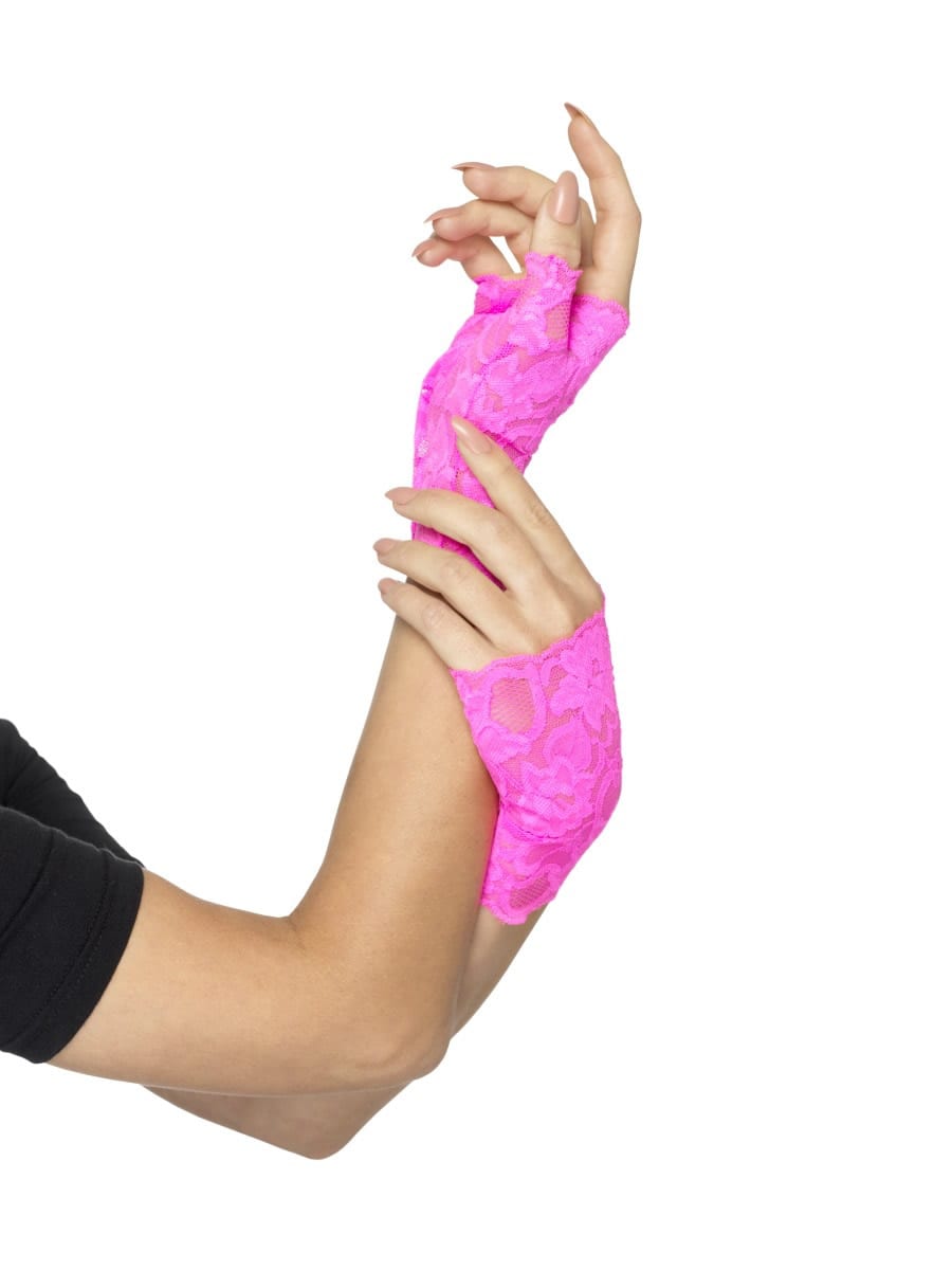 80's Fingerless Lace Gloves, Neon Pink, Short