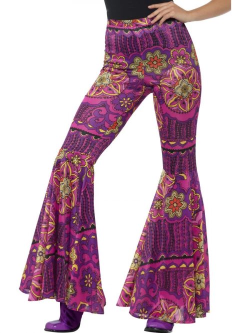 Pink Woodstock Pyschedelic Flared Trousers Ladies Fancy Dress Costume
