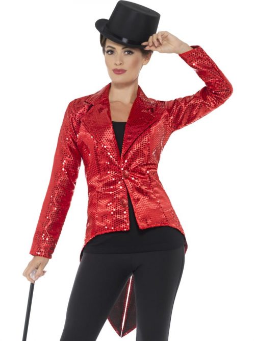 Sequin Tailcoat Jacket Red Ladies Fancy Dress Costume