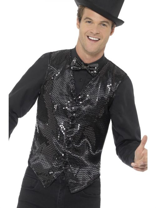 Sequin Waistcoat Black Men's Fancy Dress Costume