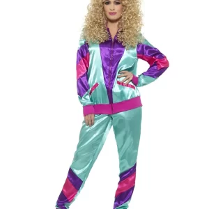 80's Height of Fashion Shell Suit Teal/Purple Ladies Fancy Dress Costume - Image 2