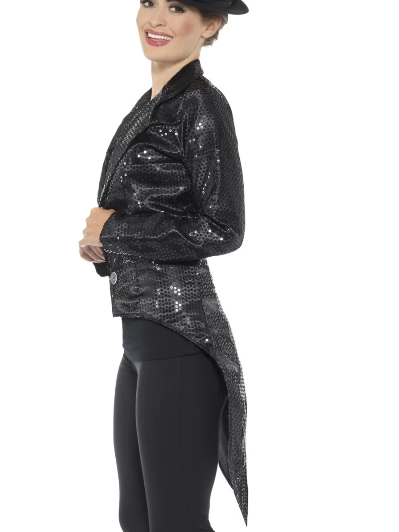 Sequin Tailcoat Jacket Black Ladies Fancy Dress Costume - Image 2