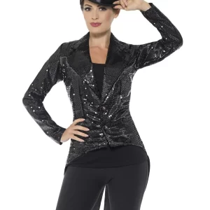 Sequin Tailcoat Jacket Black Ladies Fancy Dress Costume