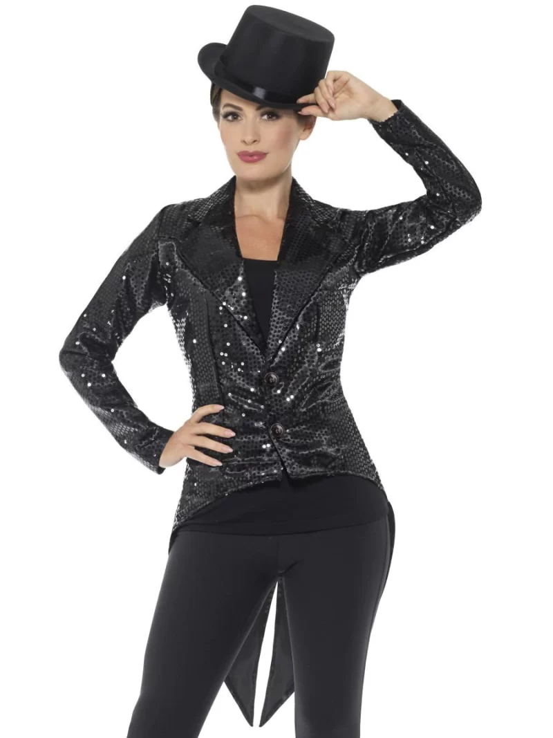 Sequin Tailcoat Jacket Black Ladies Fancy Dress Costume