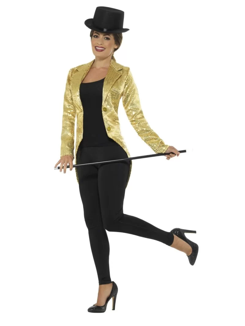 Sequin Tailcoat Jacket Gold Ladies Fancy Dress Costume - Image 2