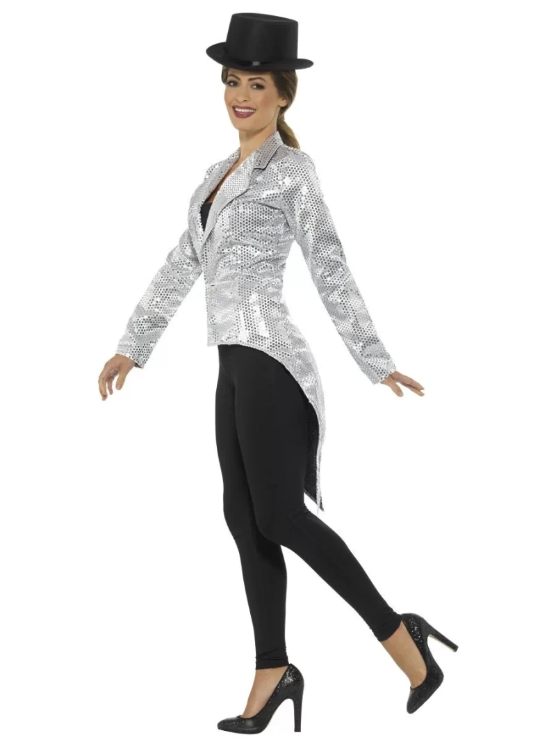 Sequin Tailcoat Jacket Silver Ladies Fancy Dress Costume - Image 2