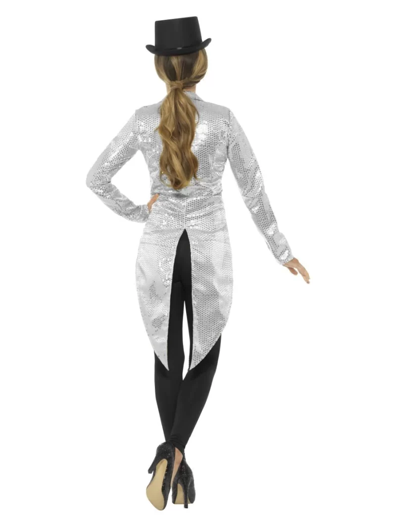 Sequin Tailcoat Jacket Silver Ladies Fancy Dress Costume - Image 3