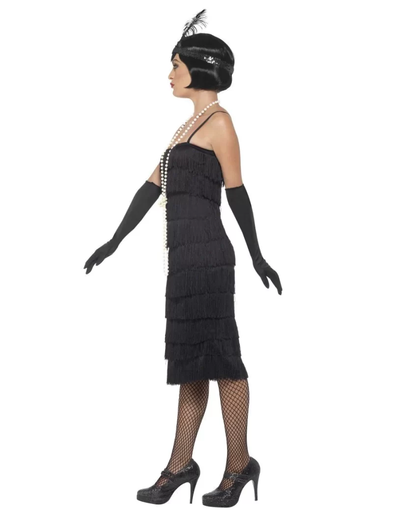 20s Black Fringed Flapper Long Ladies Fancy Dress Costume - Image 2