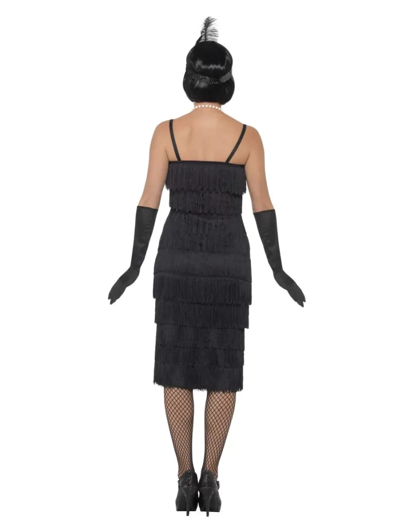 20s Black Fringed Flapper Long Ladies Fancy Dress Costume - Image 3