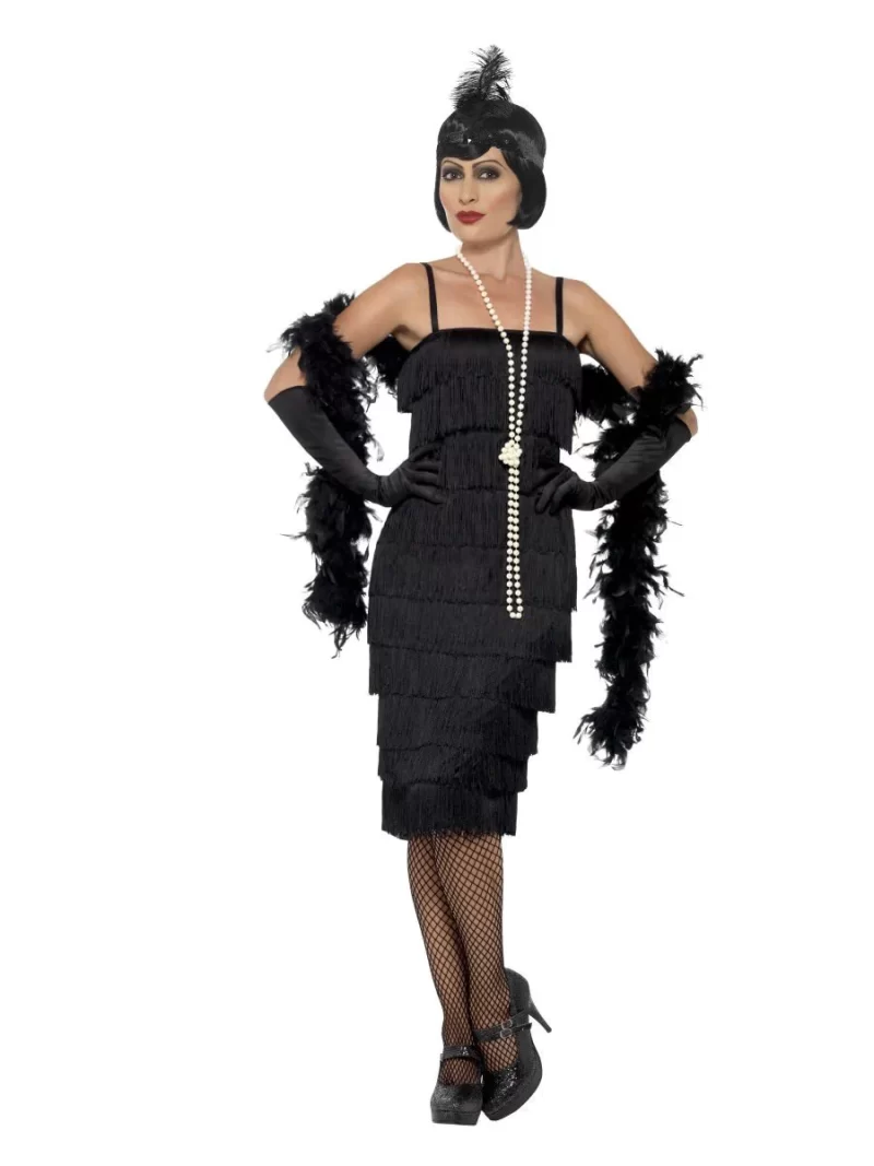 20s Black Fringed Flapper Long Ladies Fancy Dress Costume