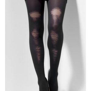 Black Opaque Tights with Distressed Detail