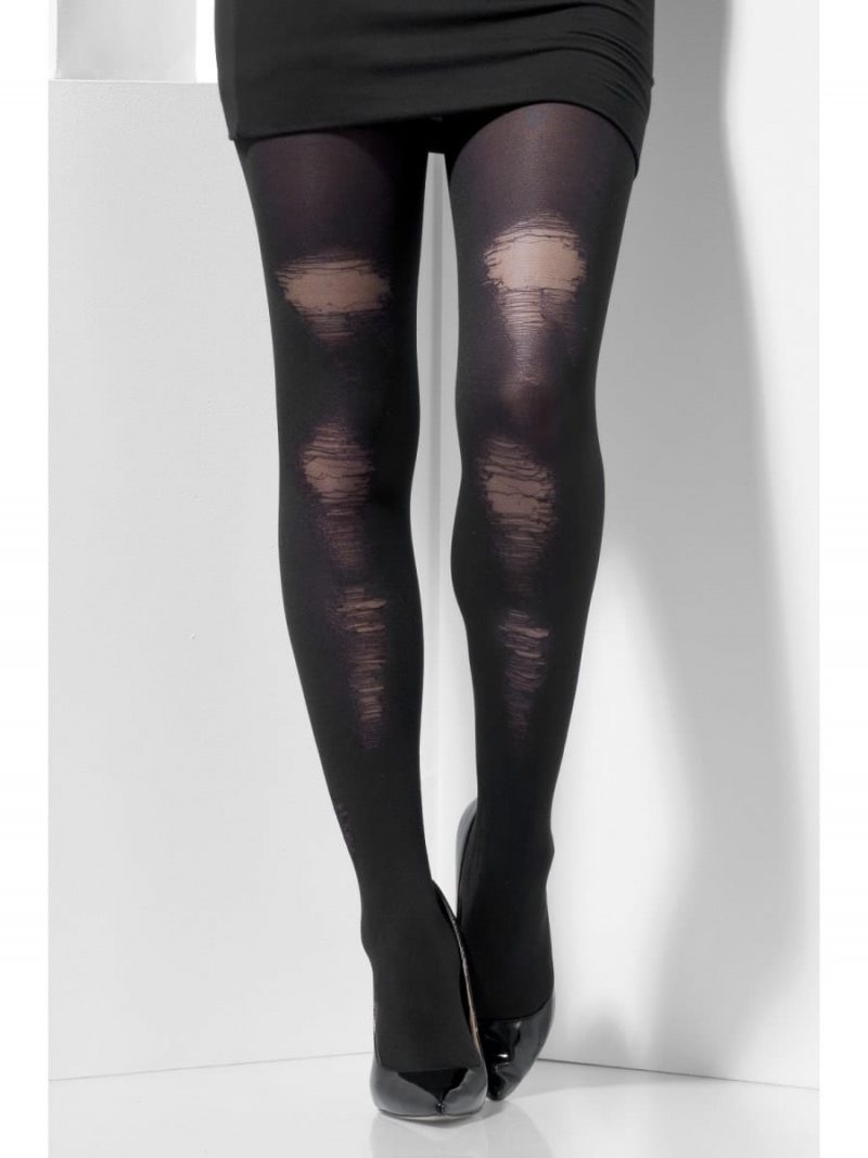 Black Opaque Tights with Distressed Detail