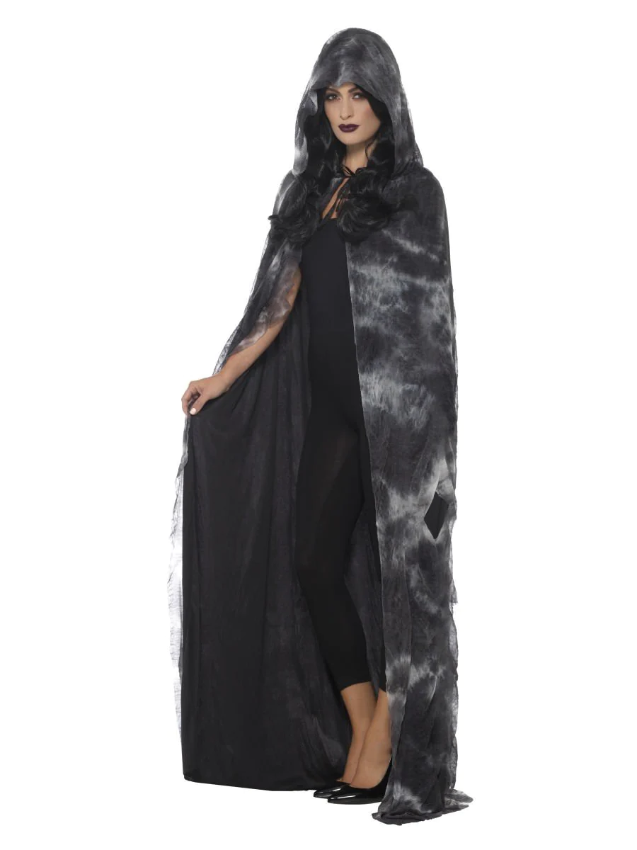 Deluxe Spellbound Decayed Hooded Cape Adult Black Grey Tie Die Horror Costume Accessory main image 0