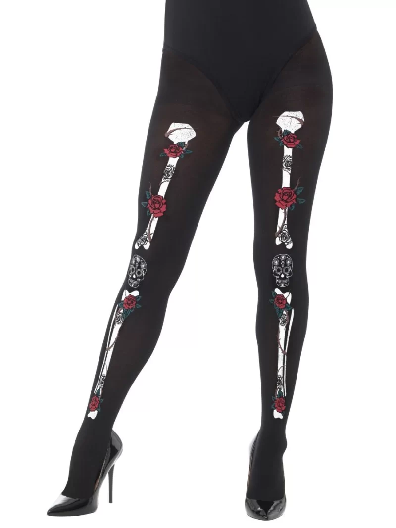Day of the Dead Black Printed Opaque Tights - Image 2