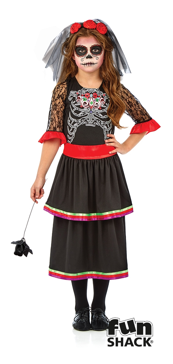 thumbnail image 2 of Girl's Skeleton Mermaid Halloween Costume – Day Of The Dead Style, Fancy Dress 2 of 5