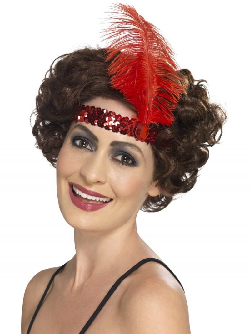 Red Sequinned Flapper Headband with Feather
