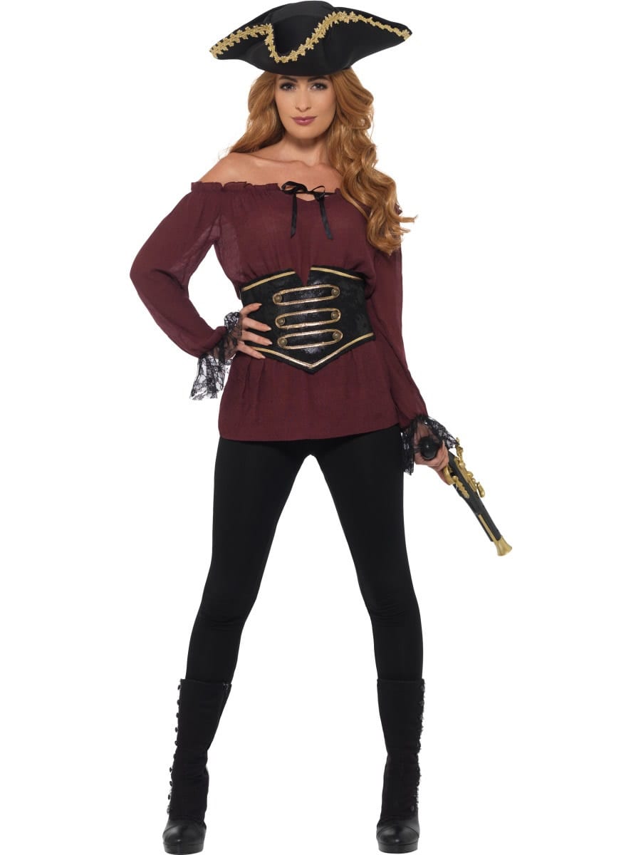 Deluxe Ladies Pirate Shirt Burgundy Ladies Fancy Dress Costume