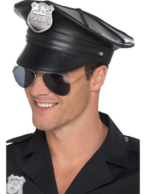 Deluxe Police Hat, Black, Faux Leather