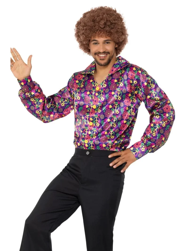 1960s Hippy Psychedelic CND Flared Shirt Men's Fancy Dress Costume