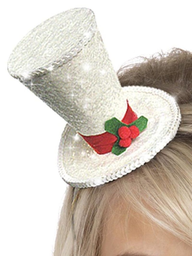Mini Top Hat, White, with Glitter, on Headband