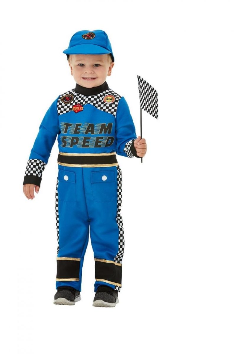 Racing Car Driver Toddler Children's Fancy Dress Costume contains Blue Jumpsuit, Cap & Flag