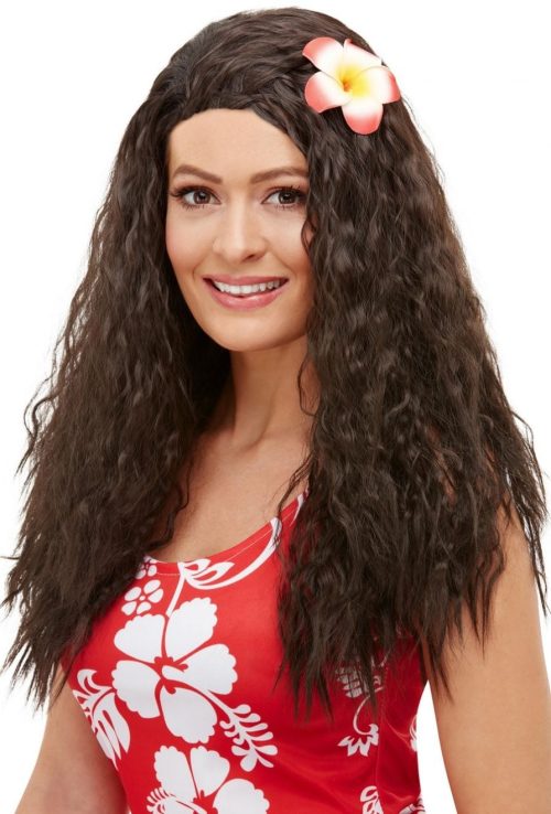 Hawaiian Wig, Brown, with Flower