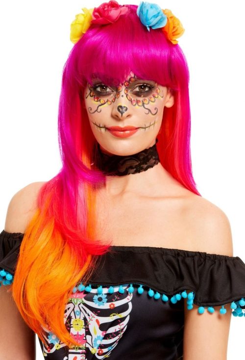 Day of the Dead Wig, Pink & Orange, with Flowers