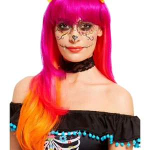 Day of the Dead Wig, Pink & Orange, with Flowers