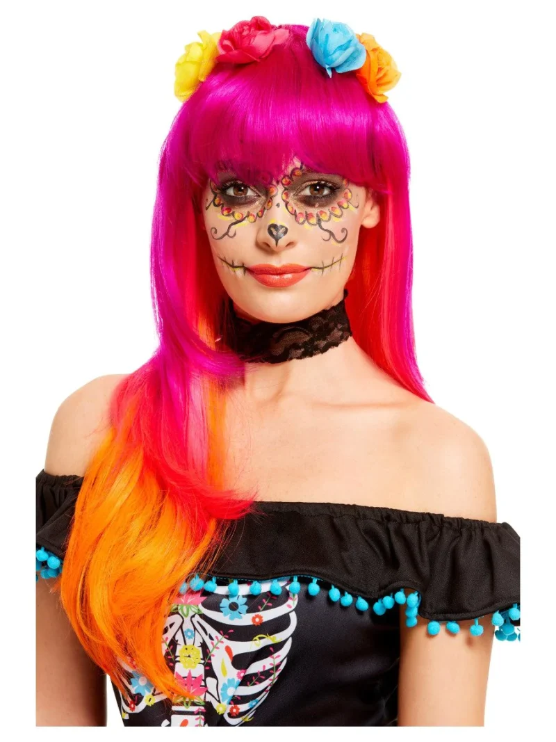 Day of the Dead Wig, Pink & Orange, with Flowers