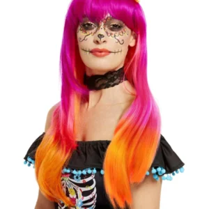 Day of the Dead Wig, Pink & Orange, with Flowers - Image 2