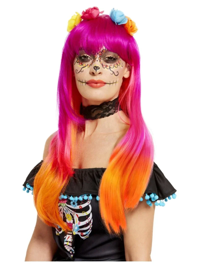 Day of the Dead Wig, Pink & Orange, with Flowers - Image 2