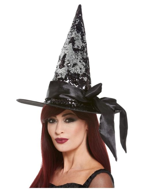Deluxe Reversible Sequin Witch Hat, Black & Silver, with Satin Bow