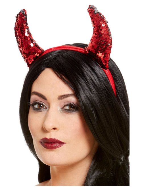 Reversible Sequin Devil Horns, Red, on Headband
