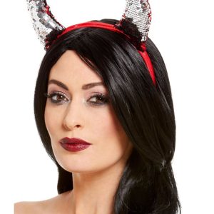 Reversible Sequin Devil Horns, Red, on Headband - Image 2