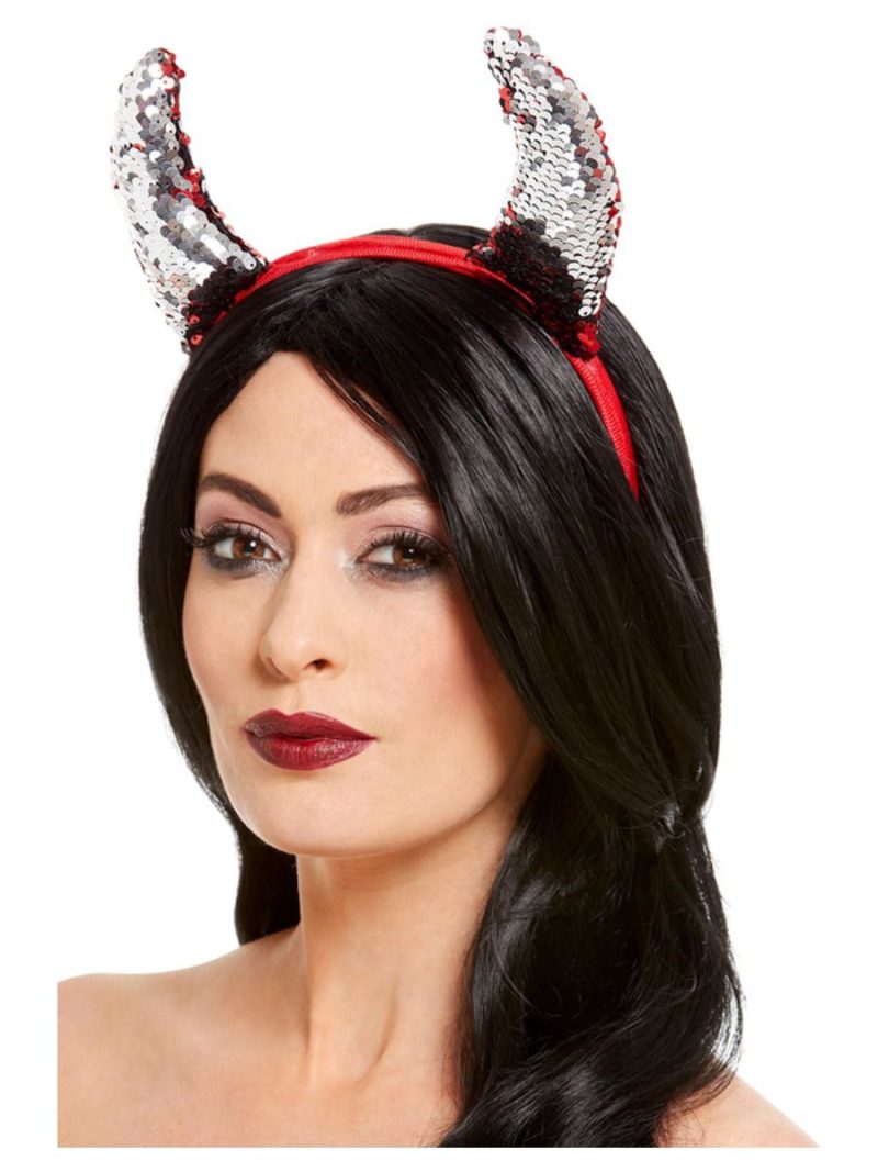 Reversible Sequin Devil Horns, Red, on Headband - Image 2