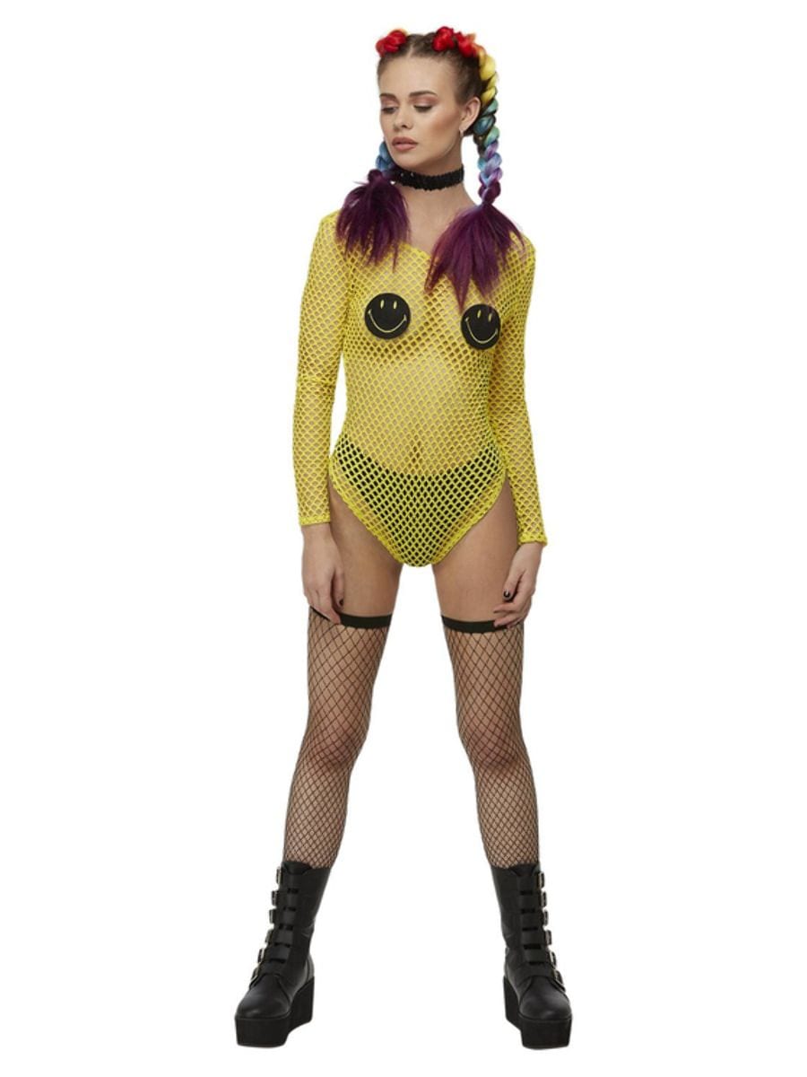 90s Rave Smiley Fishnet Bodysuit Ladies Fancy Dress Costume