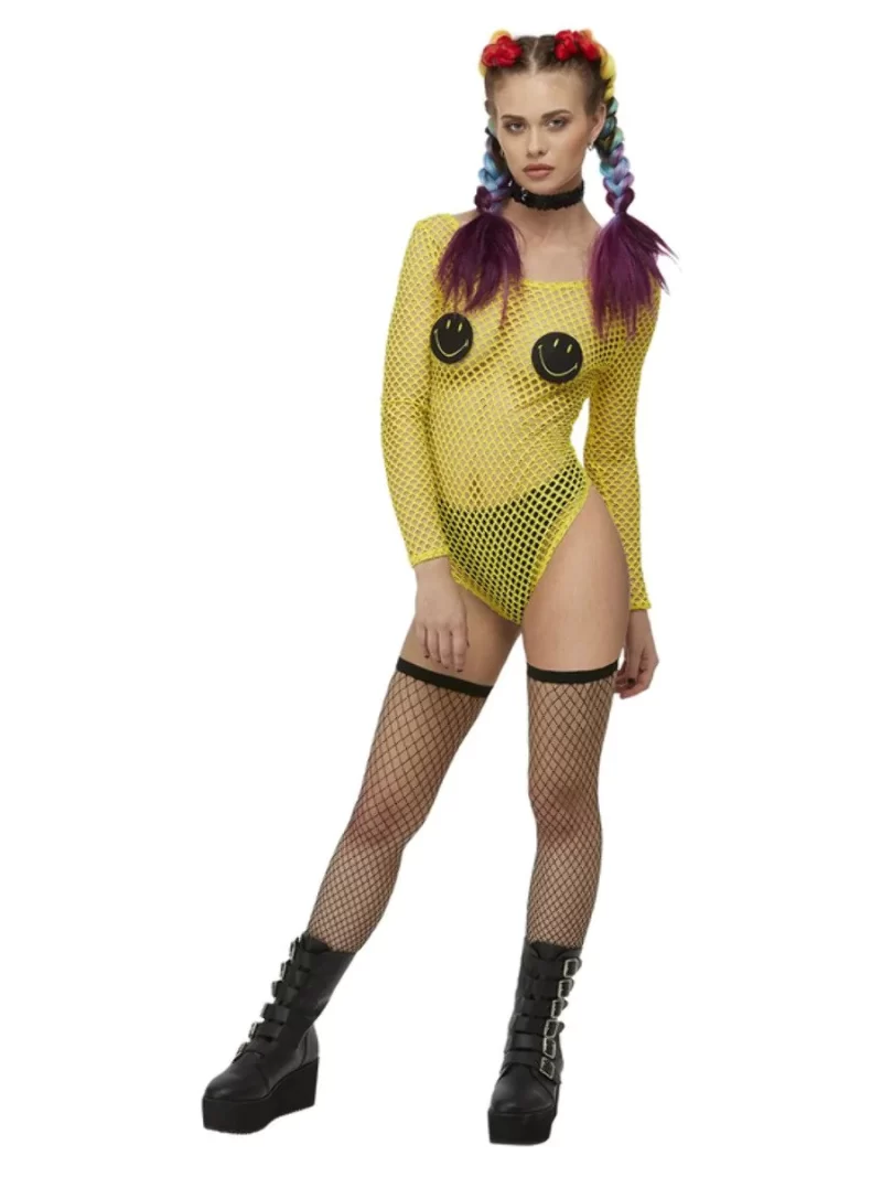 90s Rave Smiley Fishnet Bodysuit Ladies Fancy Dress Costume