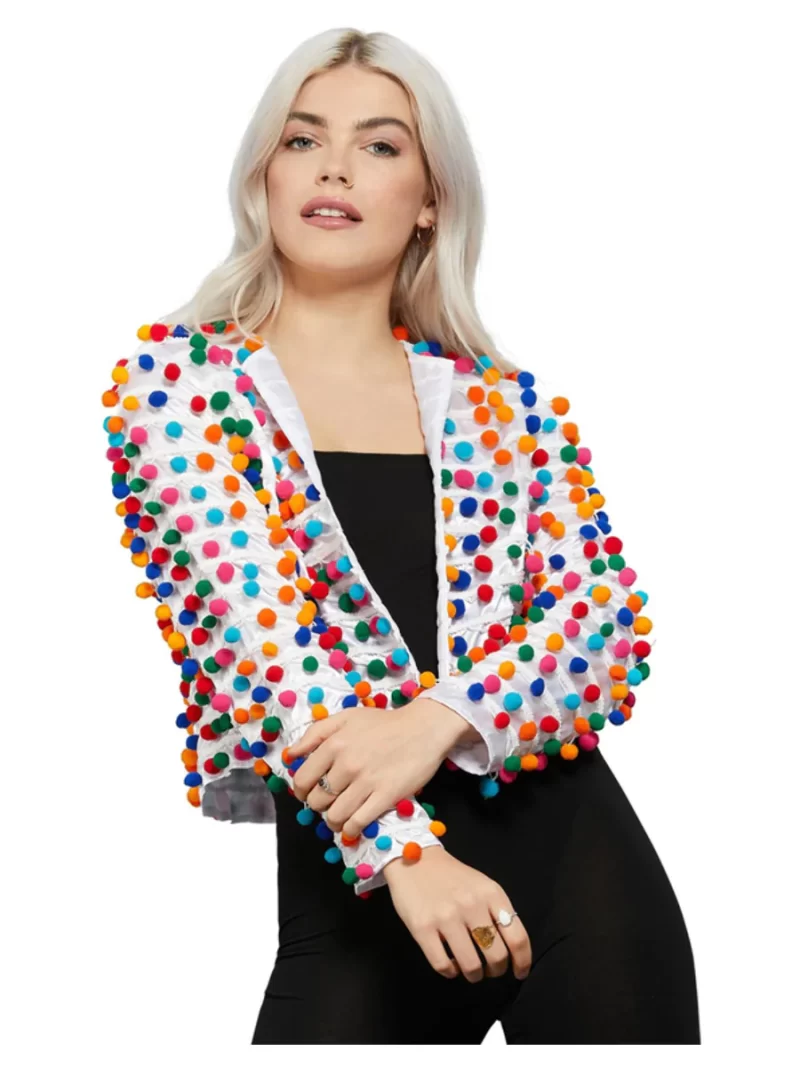 Fever Pom Pom Rainbow Festival Jacket Ladies Fancy Dress Costume