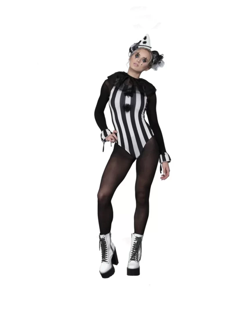 Fever Collection Vintage Pierrot Clown Ladies Halloween Fancy Dress Costume
