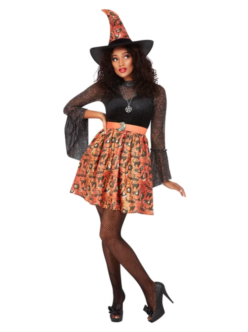 Orange Vintage Witch Ladies Halloween Fancy Dress Costume