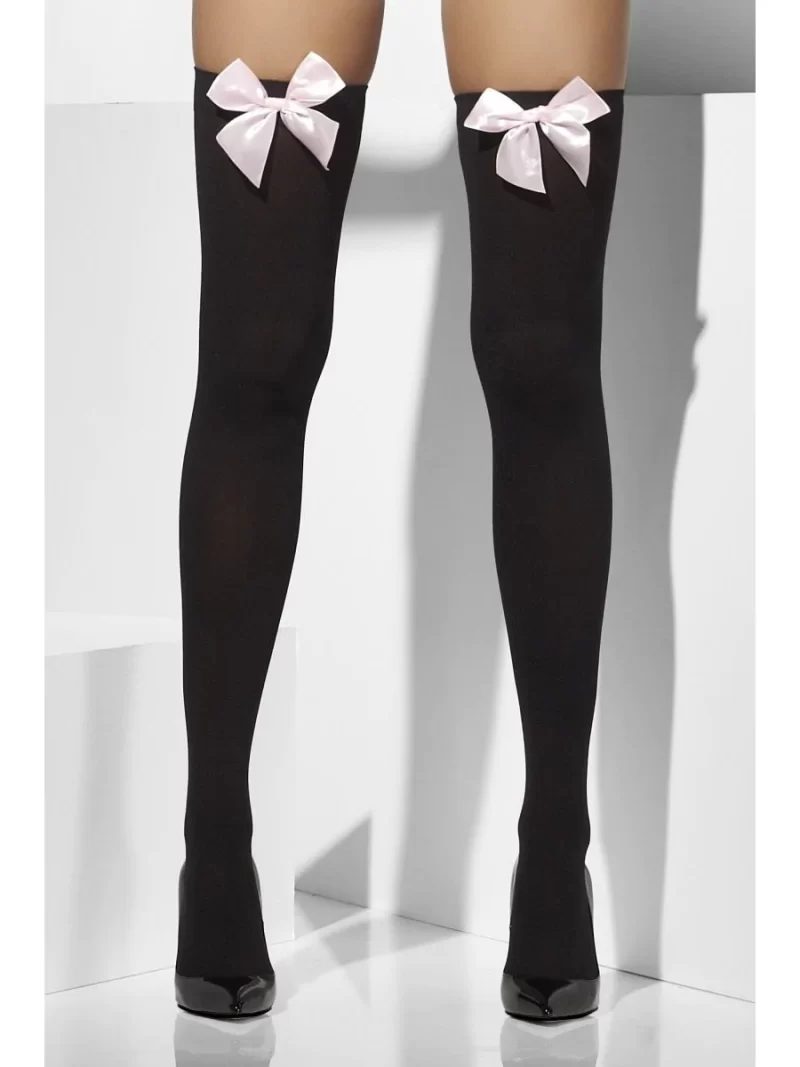 Opaque Hold-Ups, Black, With Pink Bows - Image 2