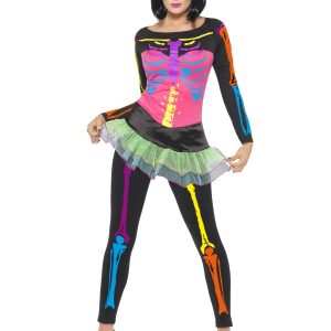 Neon Skeleton Ladies Halloween Fancy Dress Costume